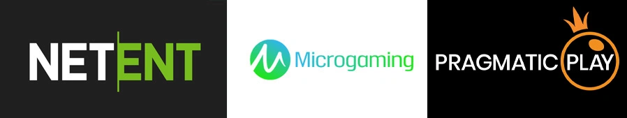 NetEnt logo, Microgaming logo, Pragmatic Play logo